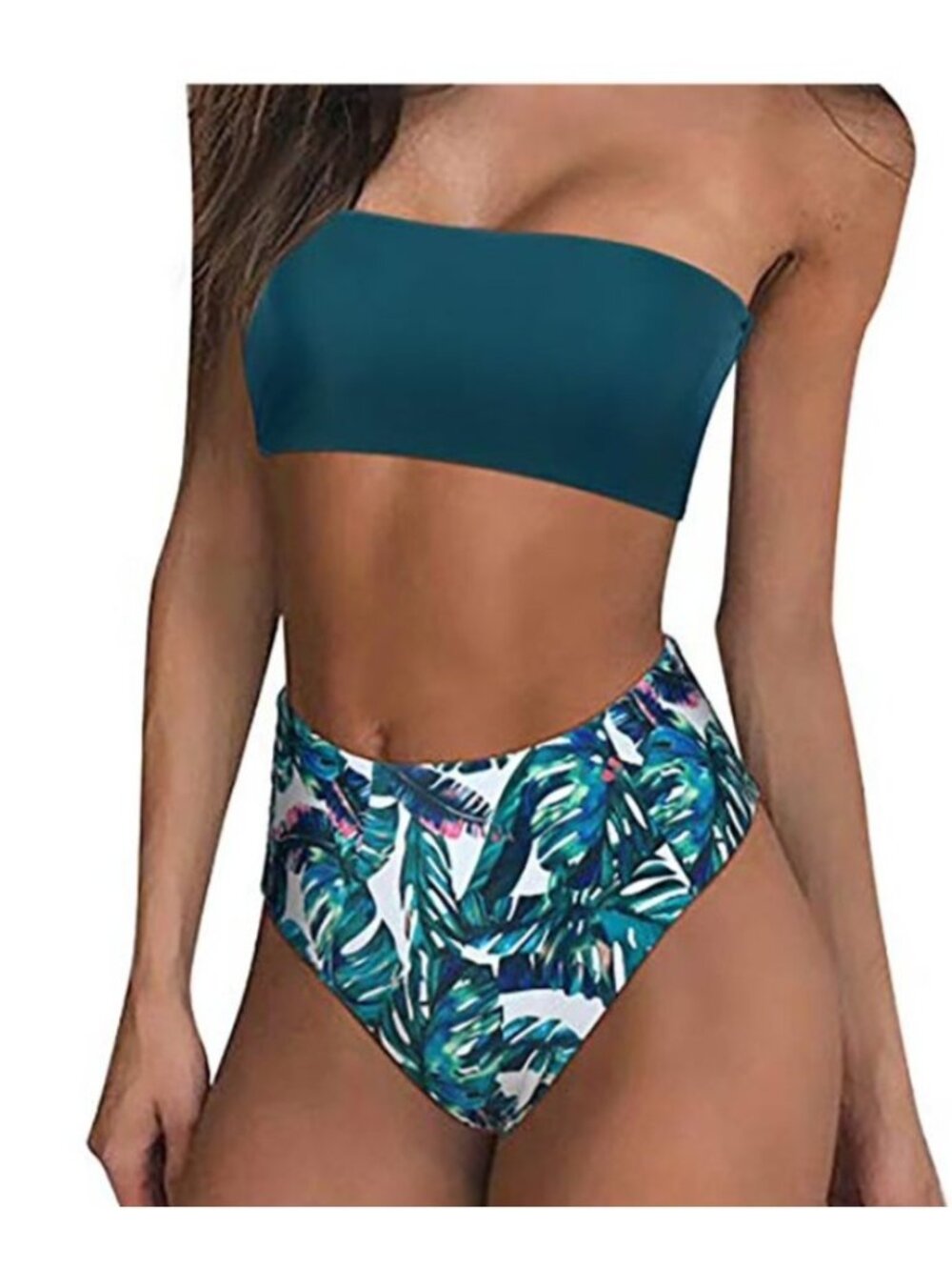 Womens Small Tropical Leaf Print High-Waisted Bikini Set Swimwear Strapless Top